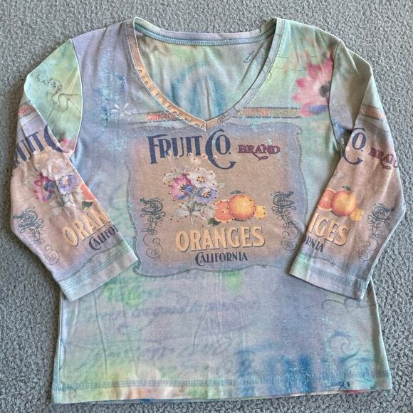 Vintage Fruit Co Top Small Rhinestone California Floral 3/4 Sleeve Shirt Y2K - Picture 1 of 14